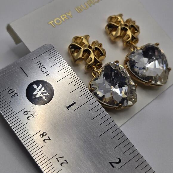 NEW Tory Burch Roxanne Czech Stone Heart Drop Earrings Bold Gold Logo Statement - Picture 7 of 7